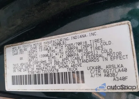 2003 Toyota Tundra Ltd V8 from USA, damaged, VIN 5TBBT48173S335870